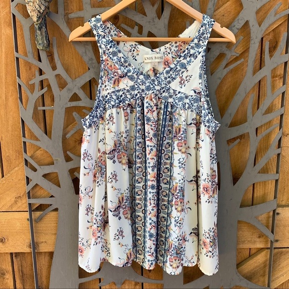 Knox Rose Boho Floral Babydoll Patchwork Sleeveless Blouse: Large - Picture 1 of 5